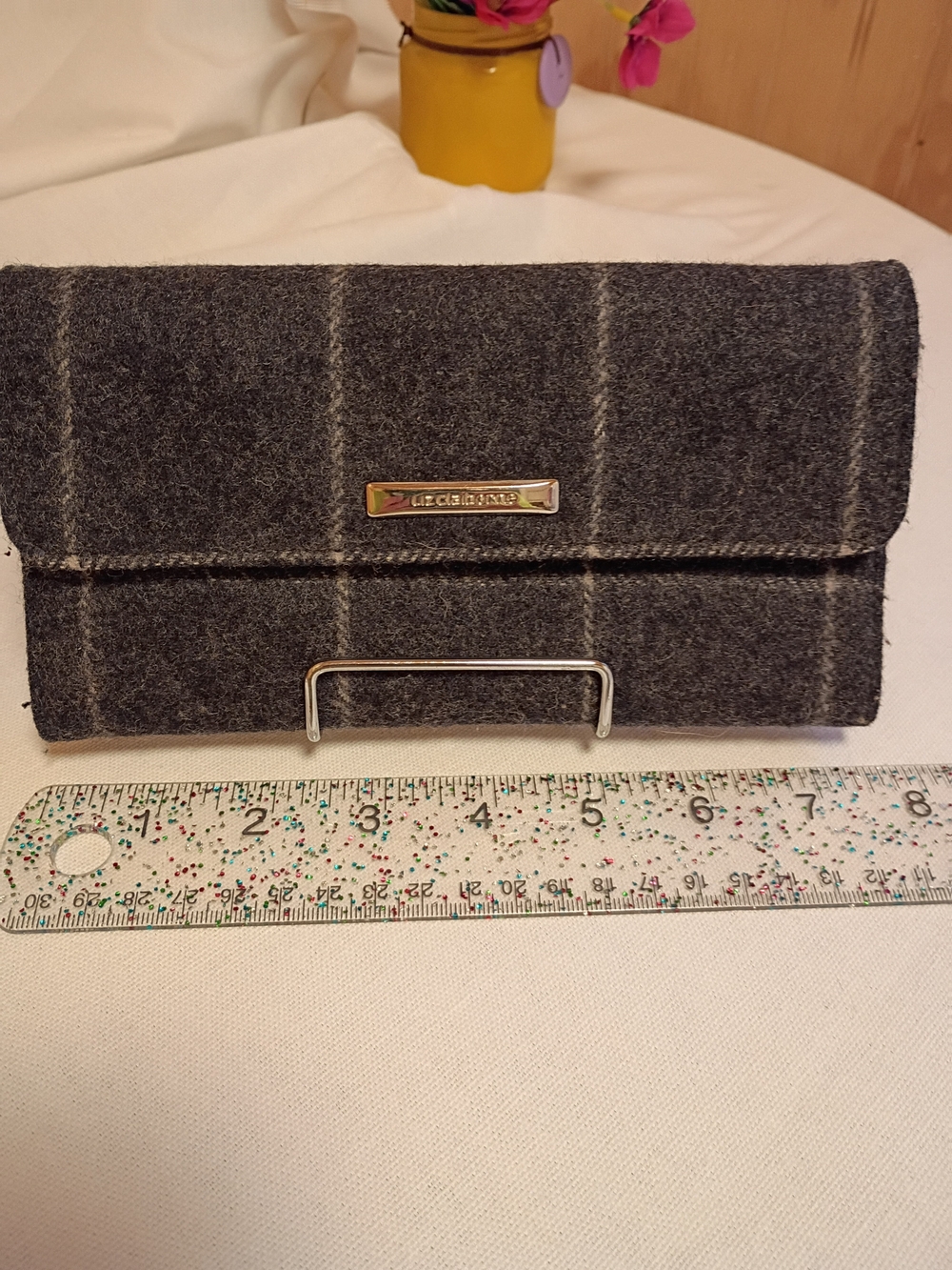 Gray Wool Plaid Clutch Wallet with Metal Liz Claborne